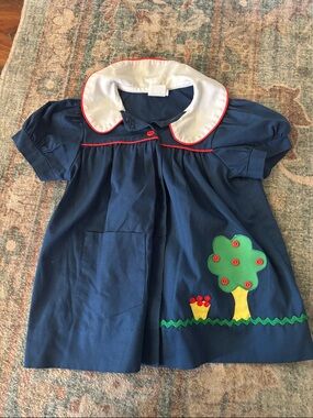 Vintage Navy and White Toddler Dress with Red Trim